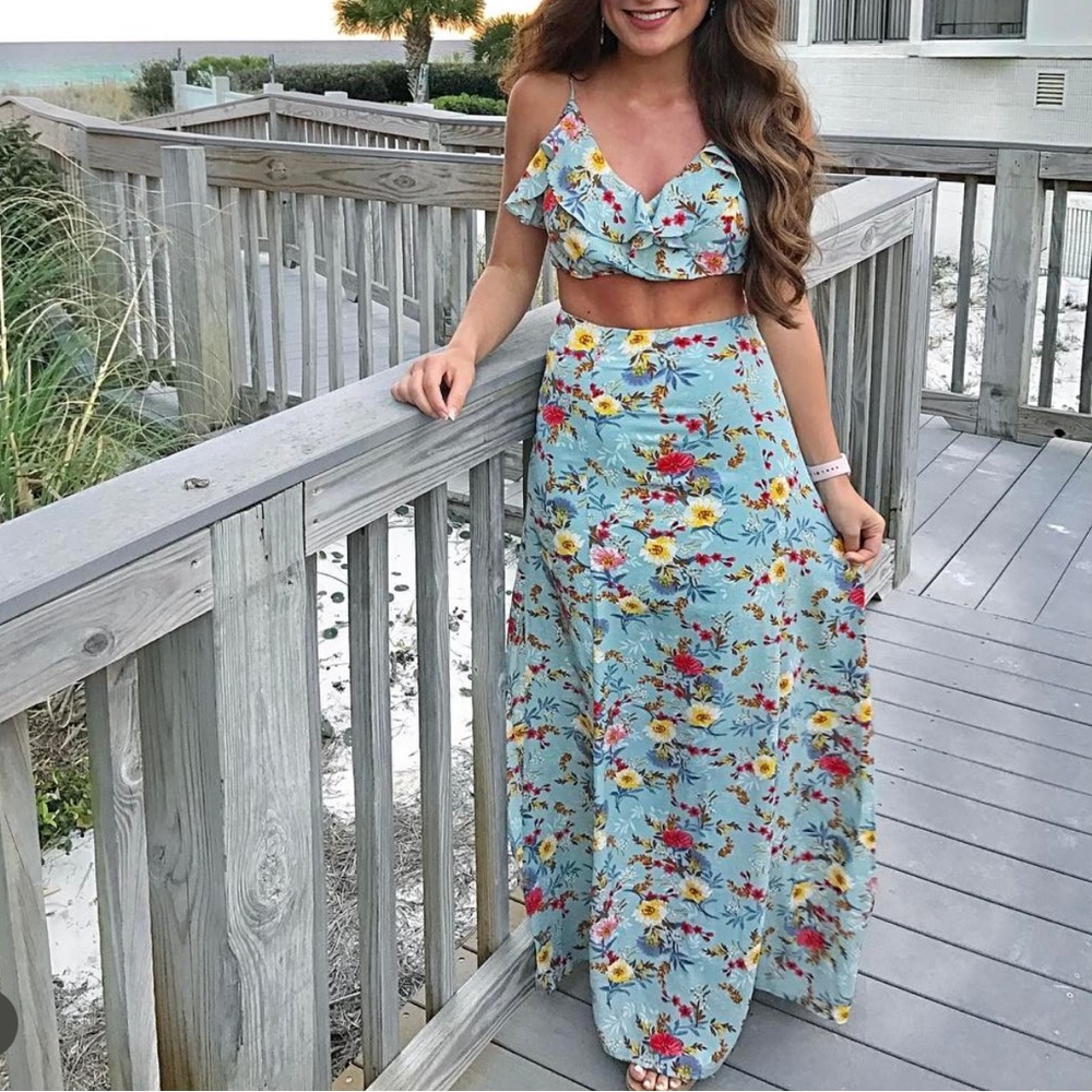 Floral two piece set tie top and long skirt